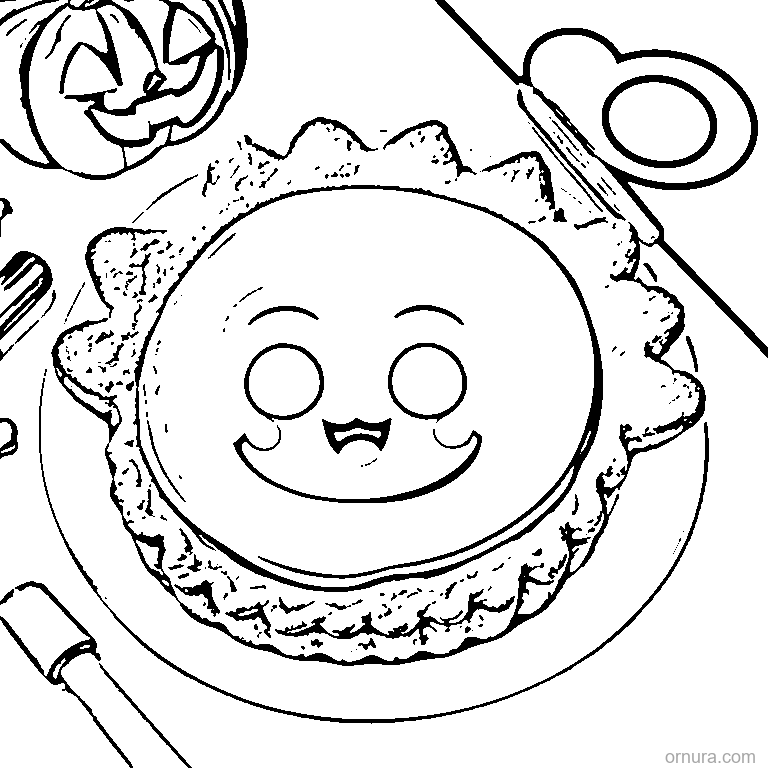 smiling pumpkin pie coloring page - free printable black and white line art for kids and adults