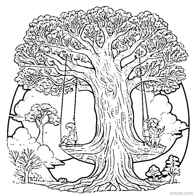 tall oak tree with a rope swing coloring page - free printable black and white line art for kids and adults