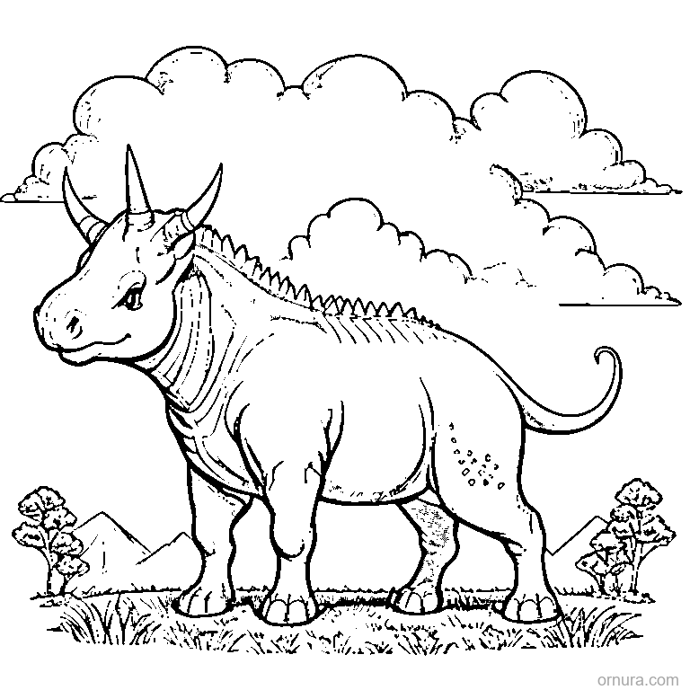 triceratops standing on a hill coloring page - free printable black and white line art for kids and adults