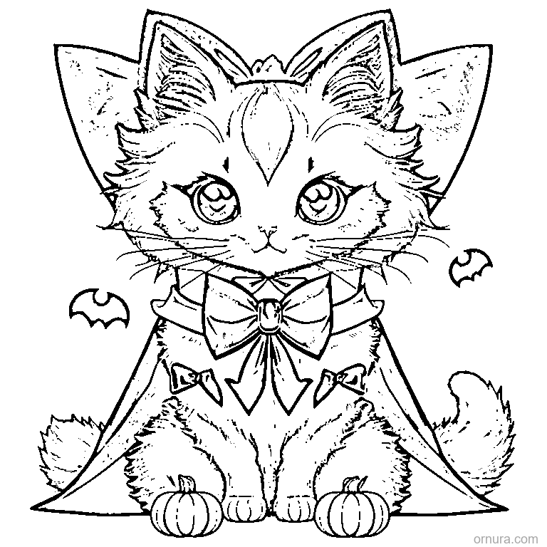vampire cat with a cape coloring page - free printable black and white line art for kids and adults