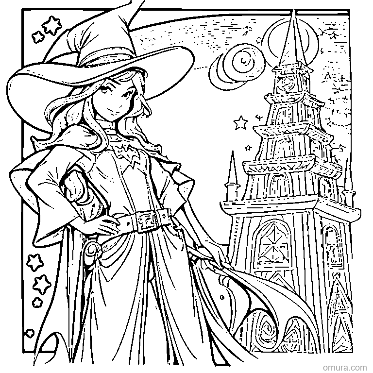witch standing by a castle tower coloring page - free printable black and white line art for kids and adults