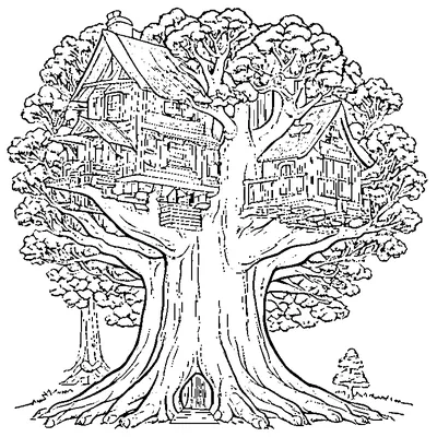 Big Tree With A Treehouse coloring page - free printable
