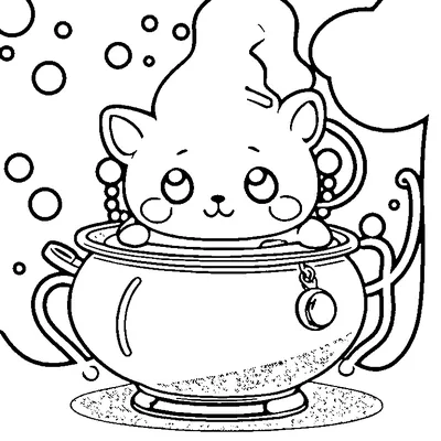 cute kitten in a cauldron coloring pages