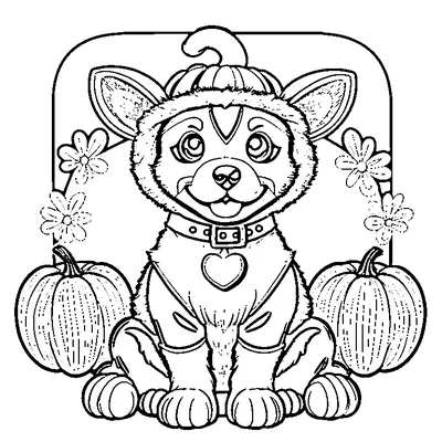 cute puppy with two pumpkins coloring pages