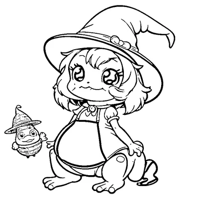 cute witch frog with a tiny friend coloring pages