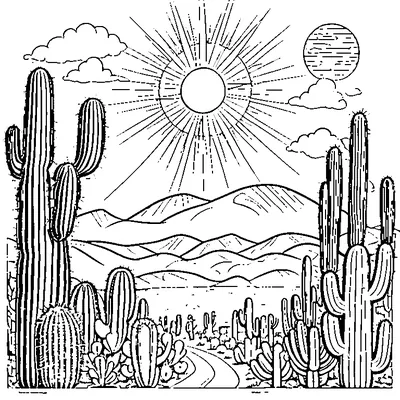 Desert Scene With Cacti And Sun