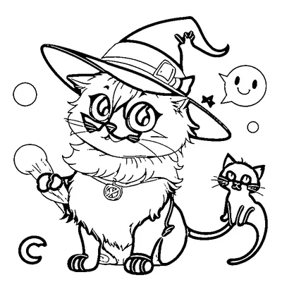 easy black cat with witch hat coloring pages