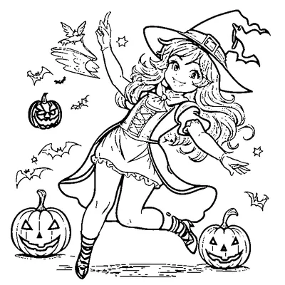 Friendly Halloween Witch Flying coloring pages