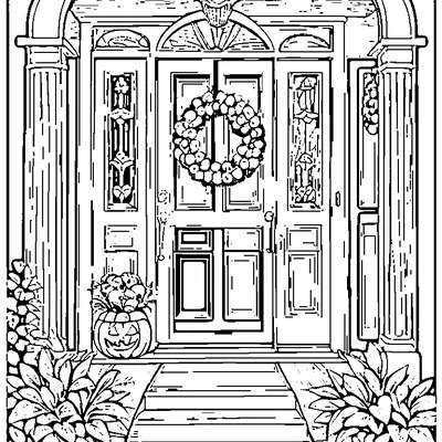 front door with a halloween wreath coloring pages