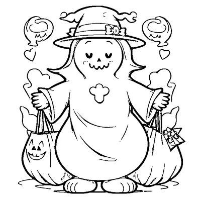 ghost in a witch hat carrying candy bags coloring pages