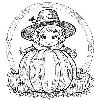 girl in a pilgrim hat inside a pumpkin coloring pages