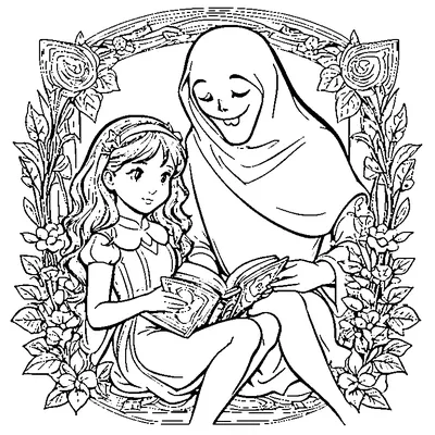 girl reading a book with a friendly ghost coloring pages