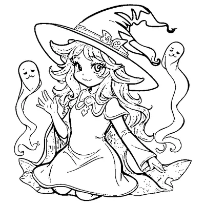 girl witch with two little ghosts coloring pages