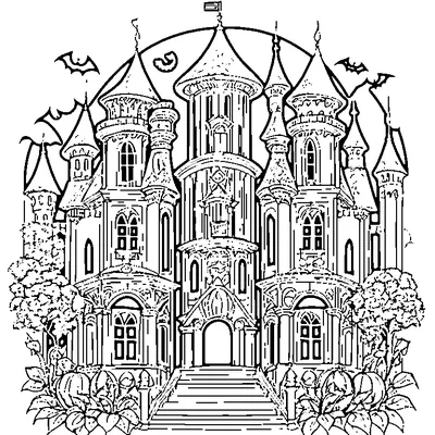 halloween haunted mansion with tall towers coloring pages