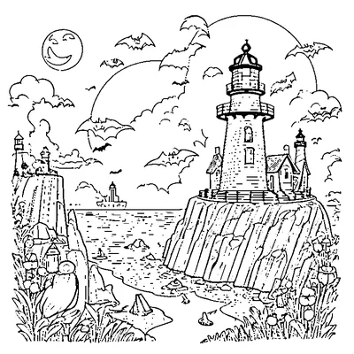halloween lighthouse on a rocky cliff coloring pages