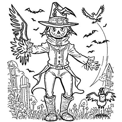halloween scarecrow with crows coloring pages
