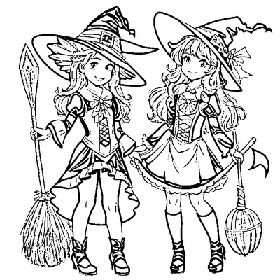 Halloween Witch Hat and Broomstick coloring pages
