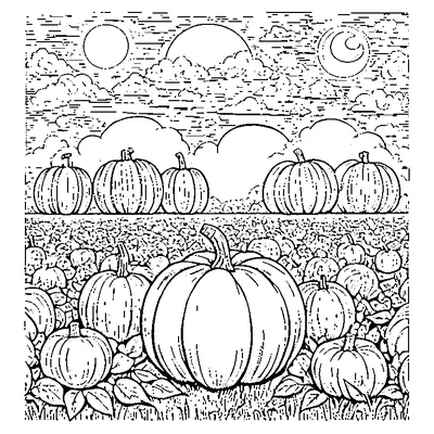 harvest moon over a pumpkin field coloring pages