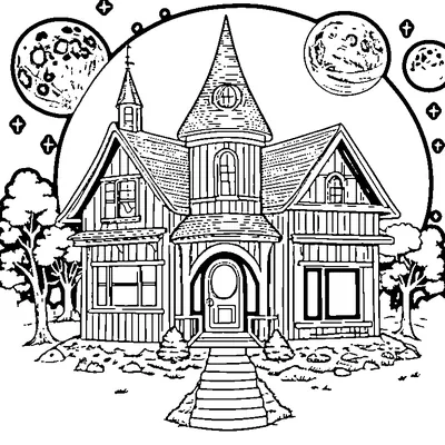 haunted house under a smiling moon coloring pages