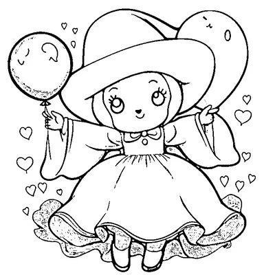little witch holding a balloon coloring pages