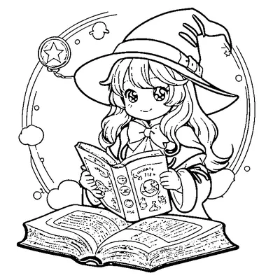little witch reading a spellbook coloring pages