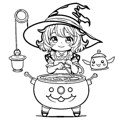 little witch stirring a cauldron coloring pages