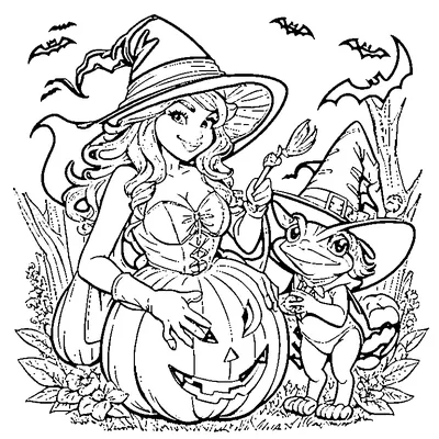 little witch with a pet frog coloring pages