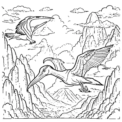 pterodactyl flying over mountains coloring pages