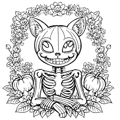skeleton cat with a pumpkin coloring pages