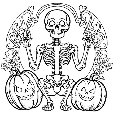 skeleton holding a pumpkin coloring pages