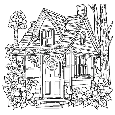 tiny autumn cottage with pumpkins coloring pages