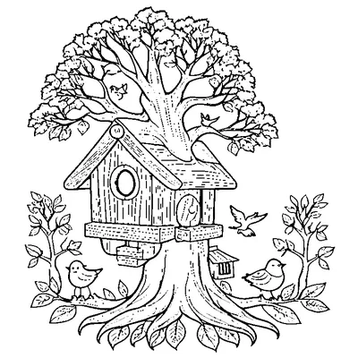 Tree With A Birdhouse And Birds coloring page - free printable