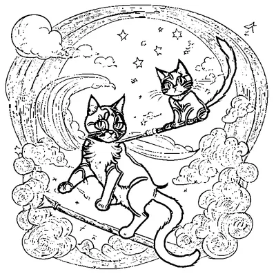 two cats flying on witch brooms coloring pages