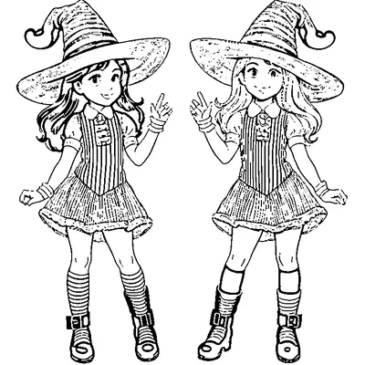 two little witches standing side by side coloring pages