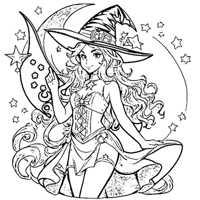 witch sitting on a crescent moon coloring pages